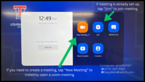 Photo of the right ActivPanel with the Zoom display. An arrow is pointing to the "New Meeting" icon and the "Join" icon.