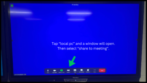 Photo of the panel screen with an arrow pointing to the bottom navigation band. Text: Tap "local pc" and a window will open. Then select "share to meeting"