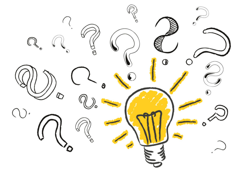 Sketched light bulb with ? around it